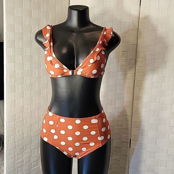 BRAND NEW XHILARATION HATER NECK POLKA-DOT PADDED BRA SWIMSUITS SET - Picture 4 of 13
